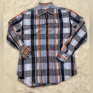 Robert Graham Tower Bridge Button Down Shirt, Blue/Black/Orange, Men’s Medium